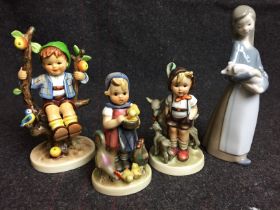 Four items including Lladro girl with piglet 18cm high and three Goebel figures - "Little Goat