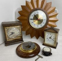 Plastic box containing six items including three clocks - G W Benson Elliott wooden framed oblong