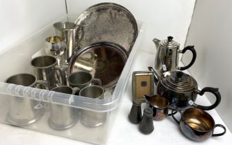 Plastic box containing twelve plated or pewter items including four piece art deco style tea set,