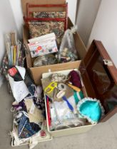 Box containing quantity of craft materials and equipment including boxed Singer Handy Stitch,