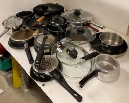 Contents to part of shelf - approximately eighteen cooking pans,