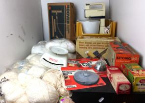 Contents to tray - kitchenalia, tools, knitting wool - including Kenwood Chefette, Jointmaster,