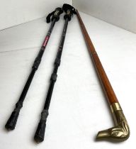 Brass dog-handled four section walking stick with glass tube and cork in top section and pair of