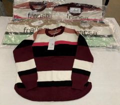 5 x FRANSA striped jumpers, 2 in green, white and cream stripes, 3 in pink, white and black stripes,