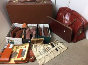 Eleven items - brown Antler suitcase 60 x 42 x 18cm containing three pairs of pre worn mens shoes