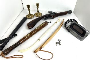 Plastic box containing eight items - reproduction blunderbuss 54cm long (some of trim requires