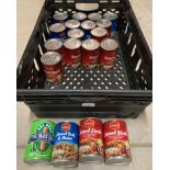 Contents to tray - 19 x assorted cans - stewed steak, minced beef and onion,