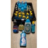 Contents to crate including 7 x 970ml bottles of non-bio laundry gel,