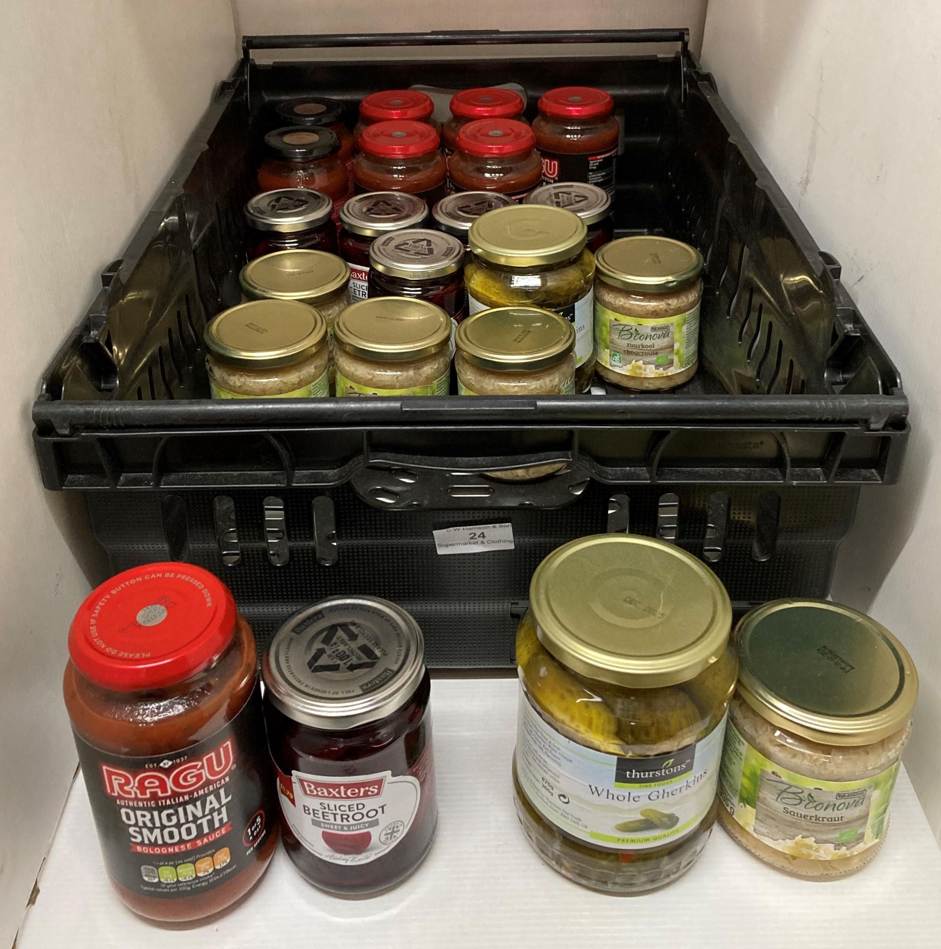 Contents to tray - 22 x assorted jars and bottles - pickled gherkins, sauerkraut, beetroot, ragu,