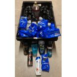 Contents to crate including 14 x 225ml bottles of assorted Radox shower gel,