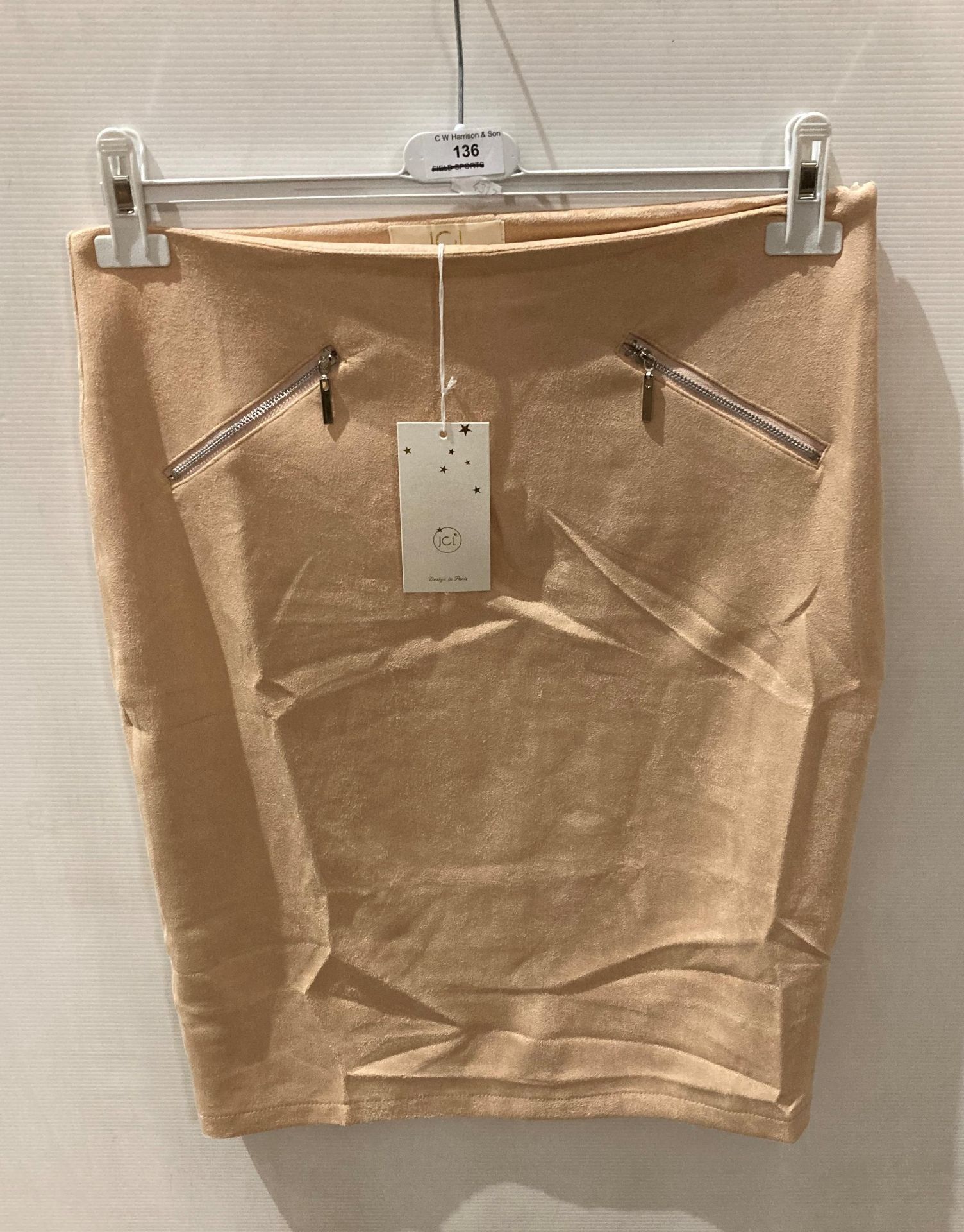 11 x JCL peach coloured pencil skirts with 2 zip detail to front, sizes S/M,