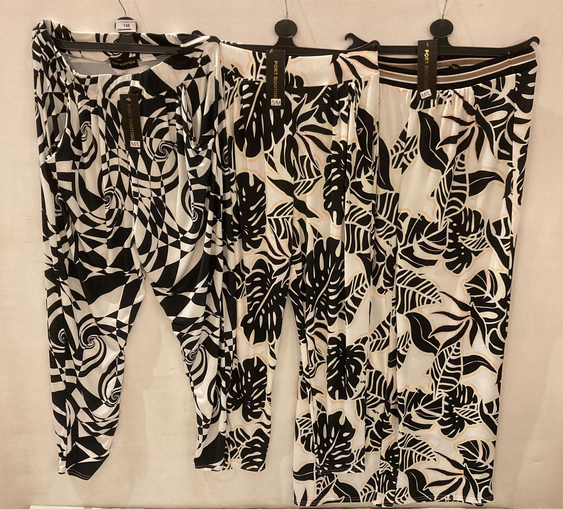 12 x Port Boutique hareem trousers with pockets and elasticated waist, black and white pattern,