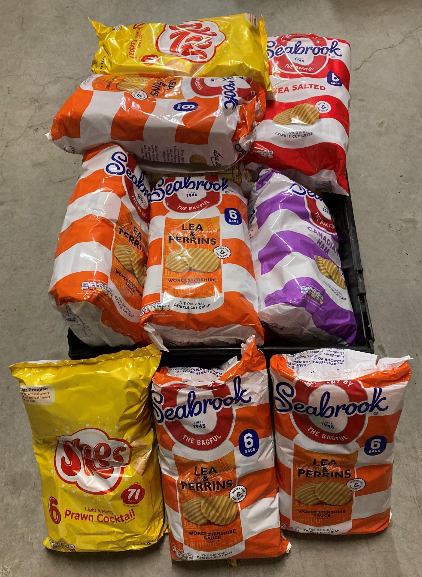 Contents to tray - 18 x 6 packs of Seabrook and Skips crisps in assorted flavours (saleroom