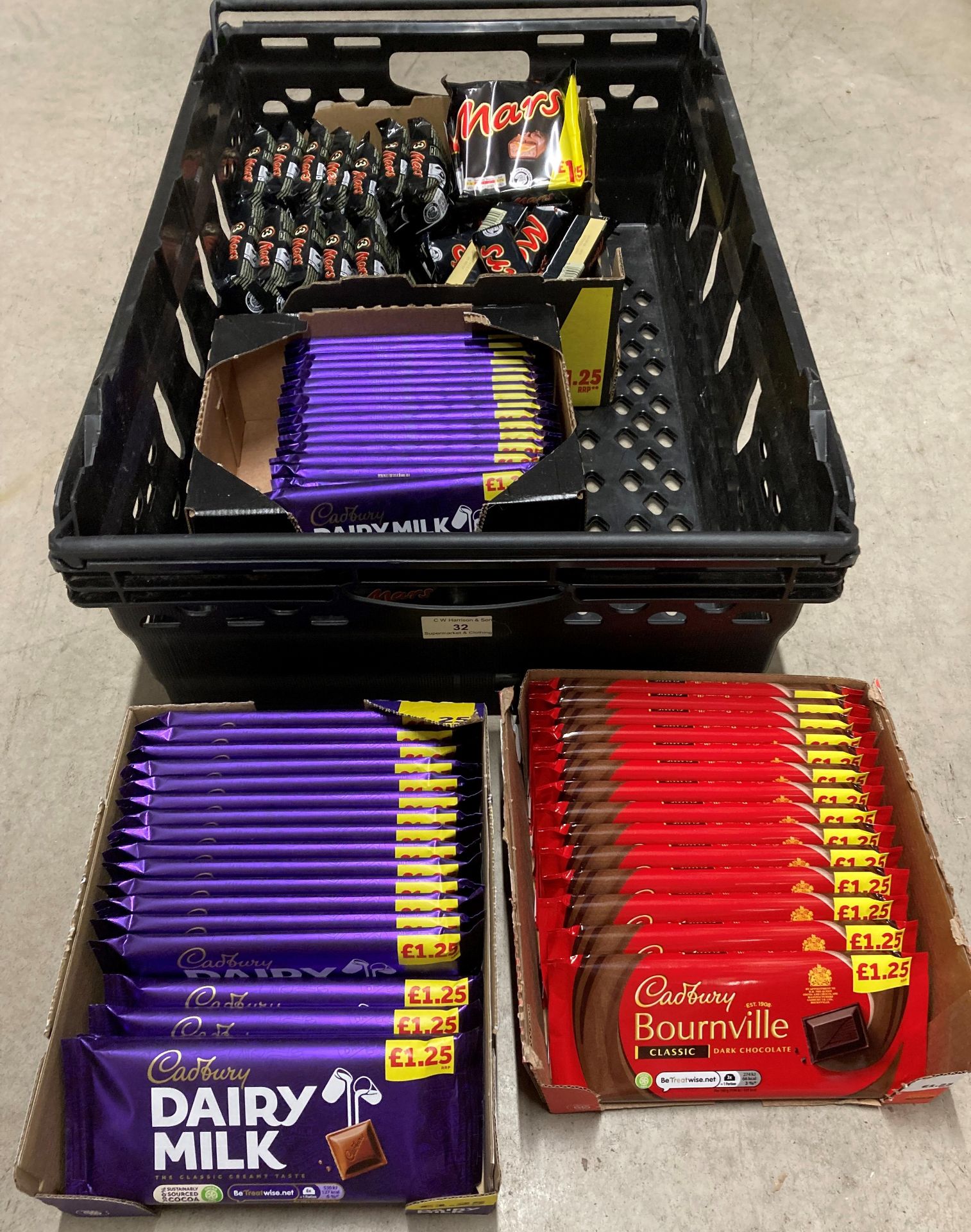 Contents to tray - 80 x packs and bars of Cadbury's Dairy Milk and Bournville,