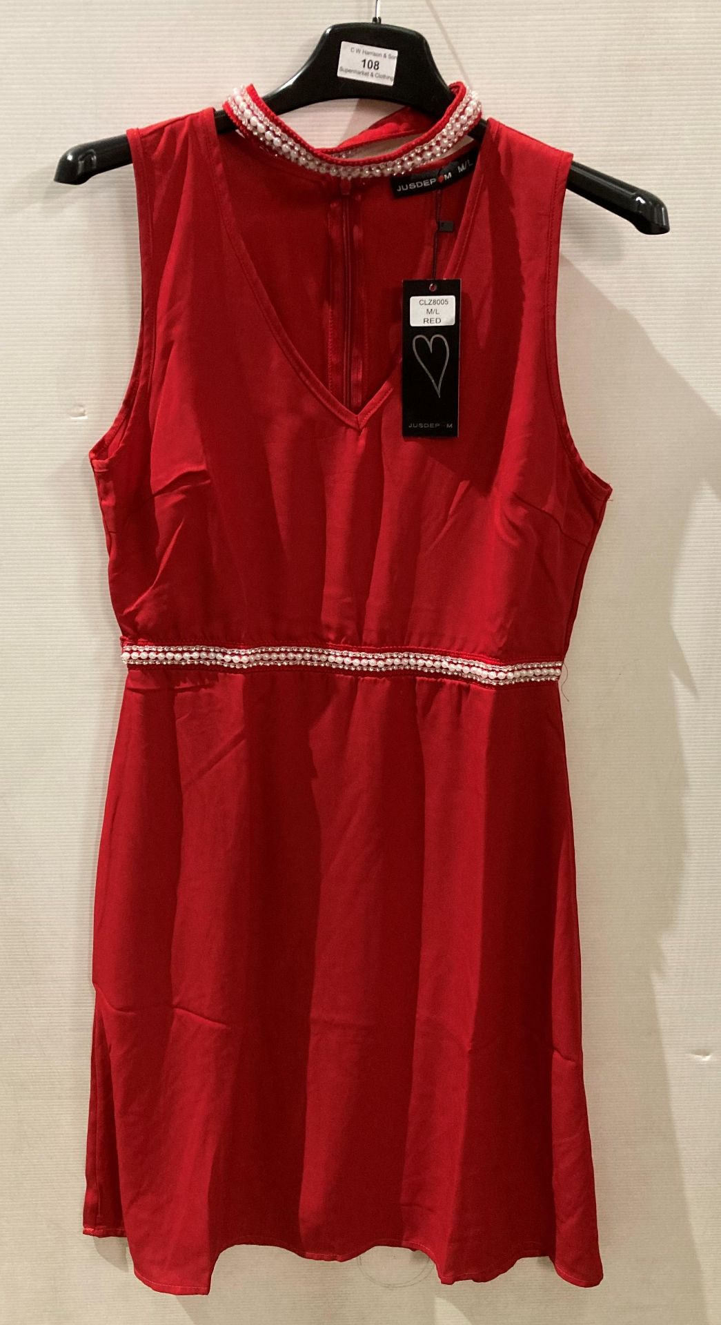 10 x red dresses with faux-pearl embellishments and matching choker,