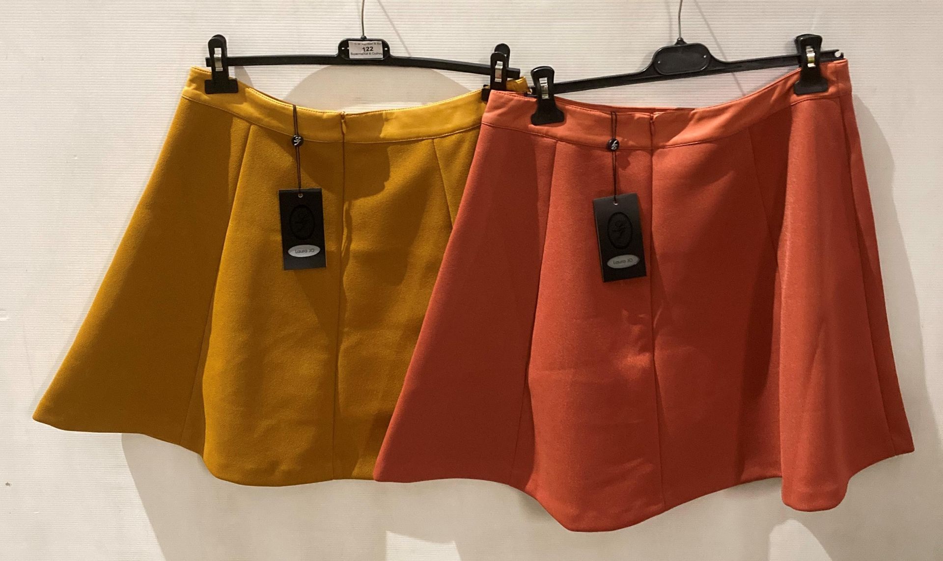 6 x Laura JO mustard and orange A-line mini skirts with pleather waistband and zip fastening -