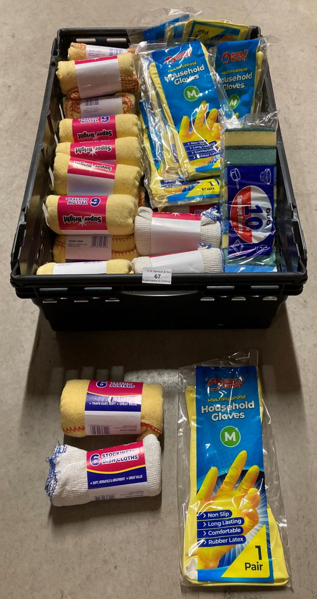 Contents to crate - 27 x packs of 6 yellow dusters and dishcloths,