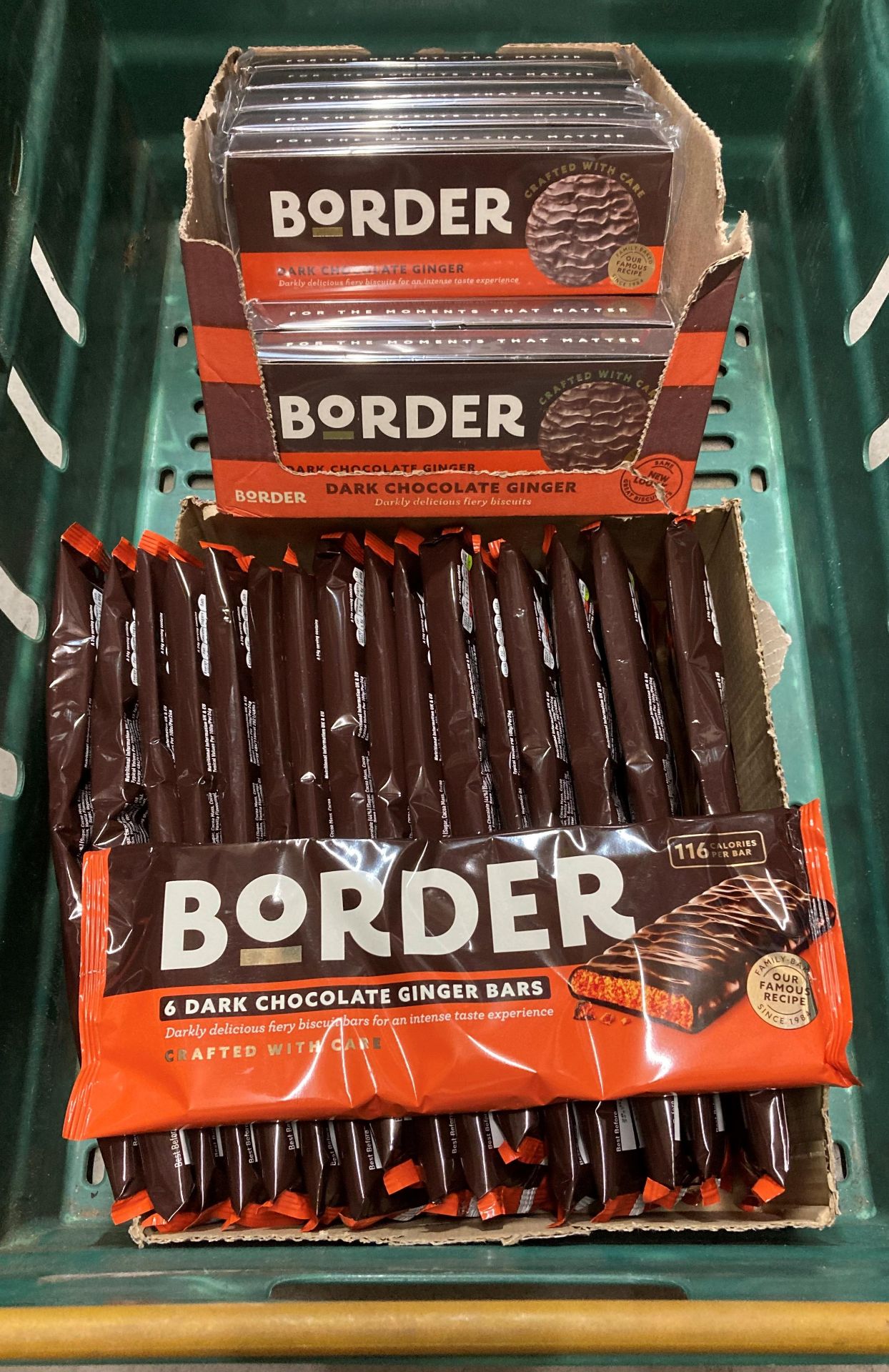Contents to tray - 12 x boxes of 150g Border's dark chocolate gingers and 17 x 6 bar packs of