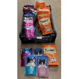 Contents to crate - assorted cat food and treats including 19 pouches of food by Whiskas, Felix,