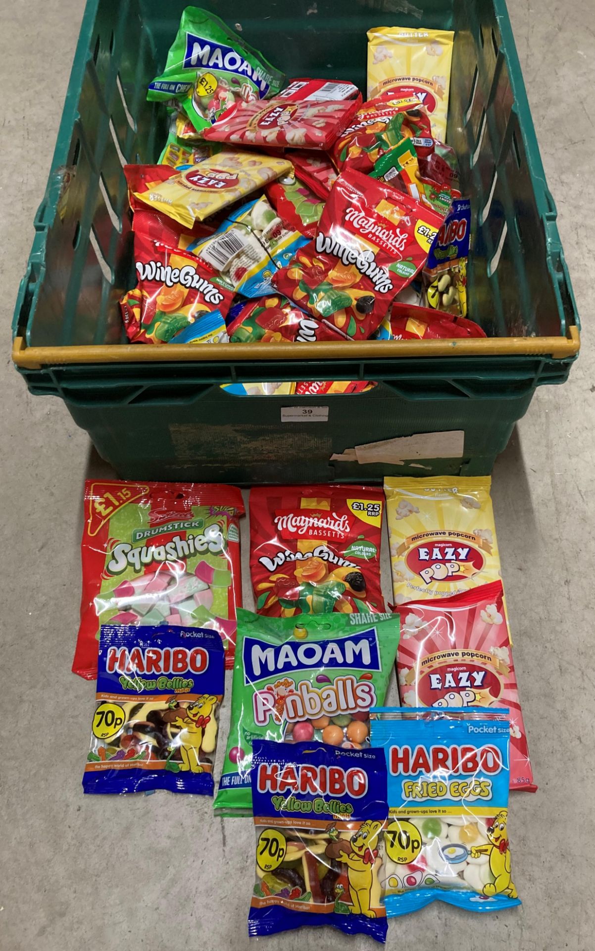 Contents to tray - 50 x assorted bags of sweets by Haribo, Maoam, Maynards Bassett's Wine Gums,