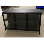 Black metal and glass three door office sideboard,