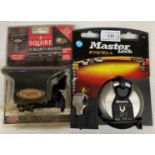 2 items - a Master Lock XL heavy duty padlock and a Squire high-security padlock bracket (H12)