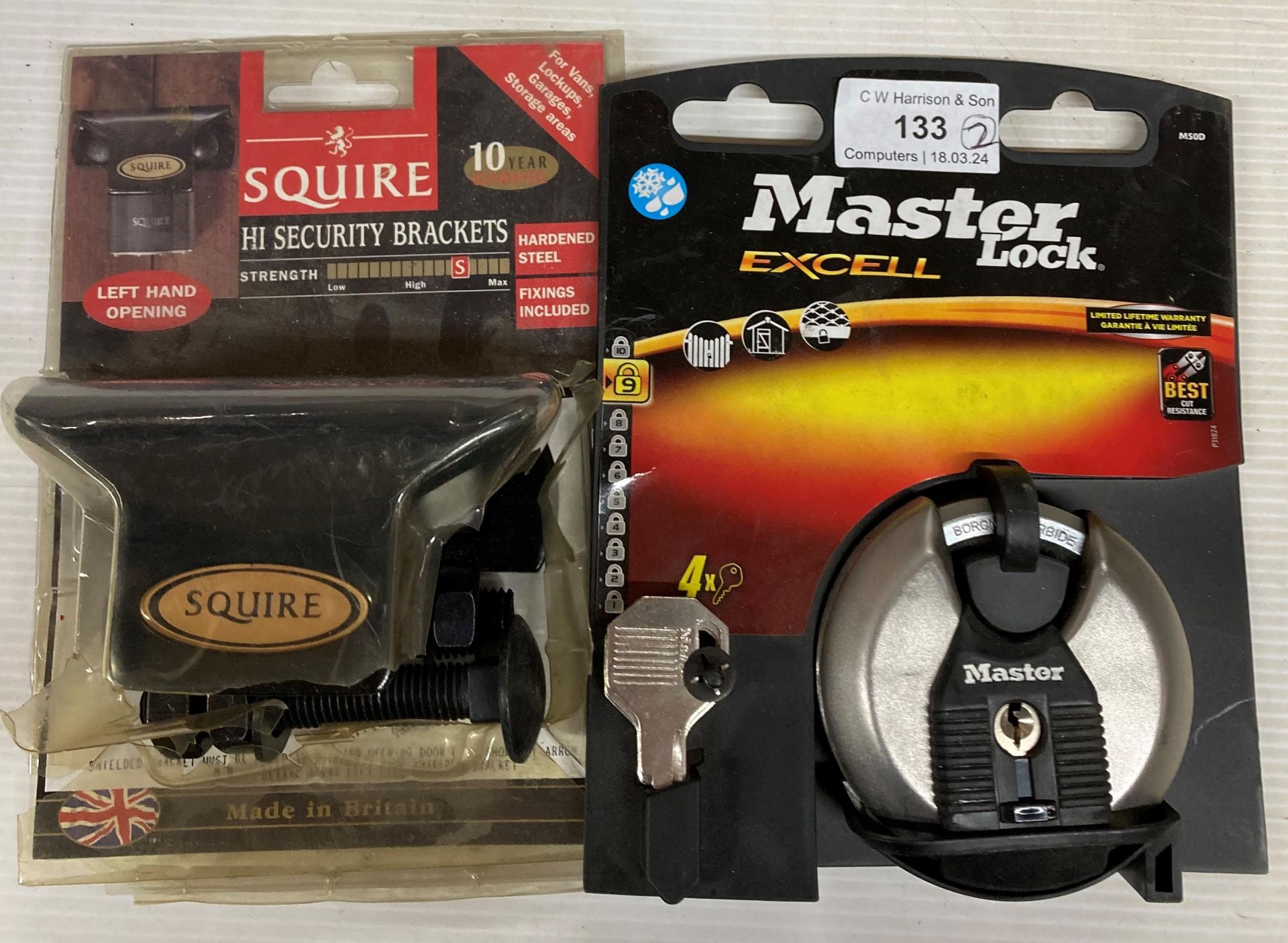 2 items - a Master Lock XL heavy duty padlock and a Squire high-security padlock bracket (H12)