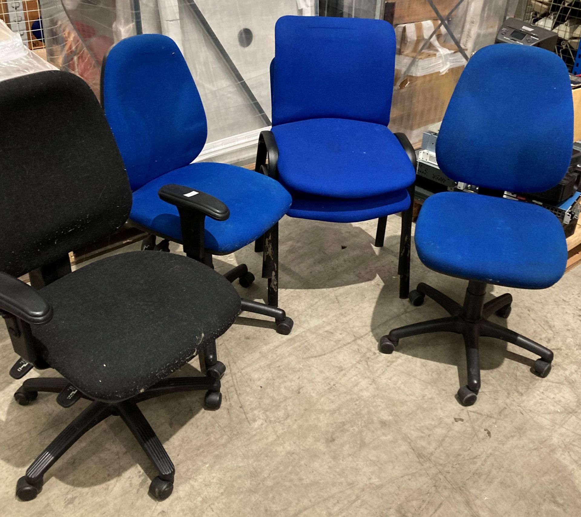 2 x Blue cloth office swivel chairs,
