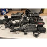 2 x JVC AVCHD 4K hand-held video cameras complete with Lumix lenses, spare batteries, microphones,