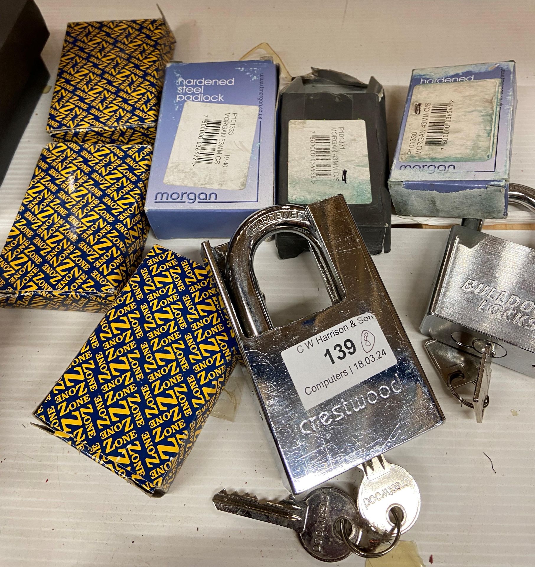 8 x assorted padlocks 43mm etc by Morgan, Zone, Crestwood,