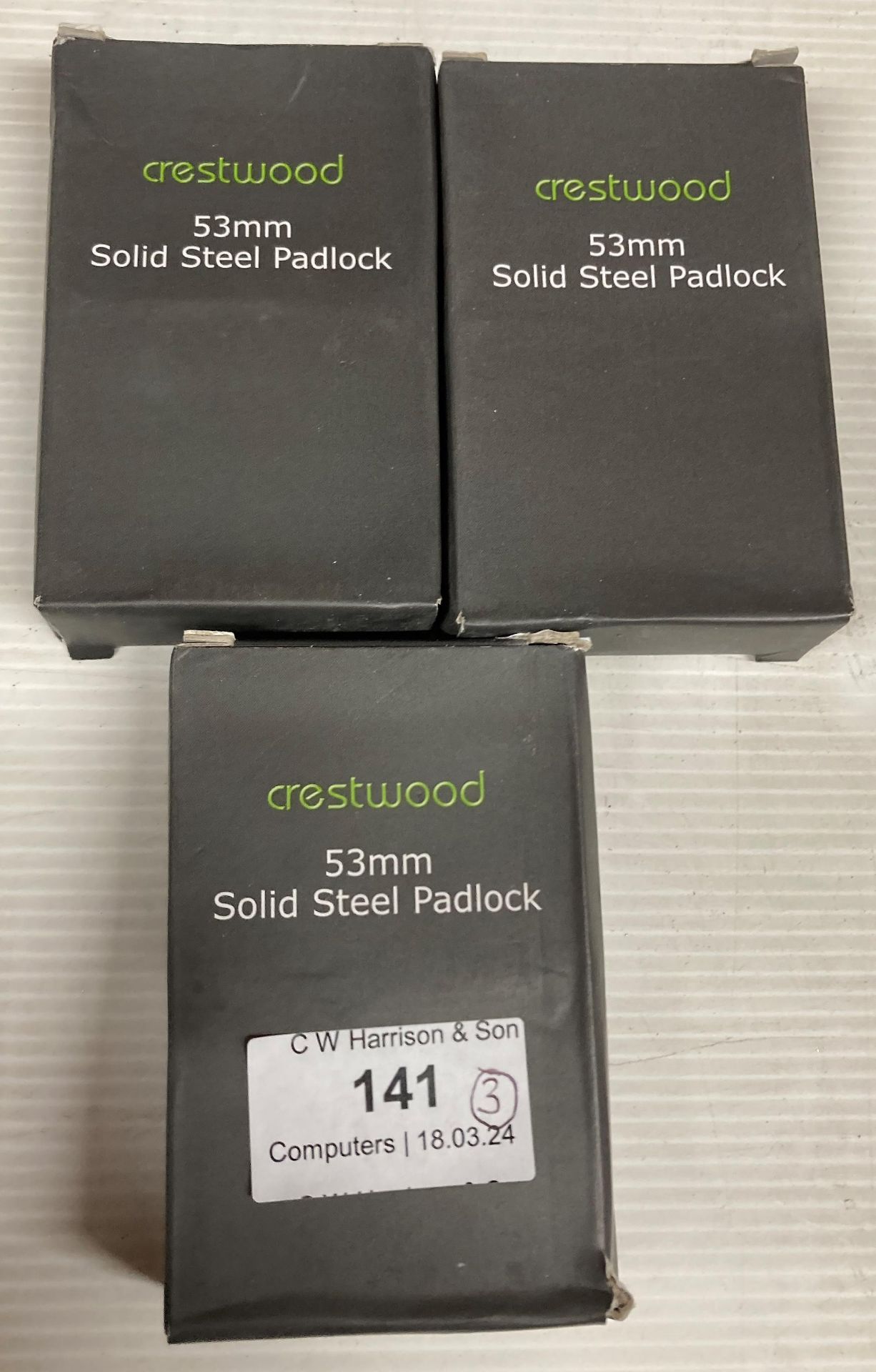 3 x Crestwood 53mm solid steel padlocks (H12)