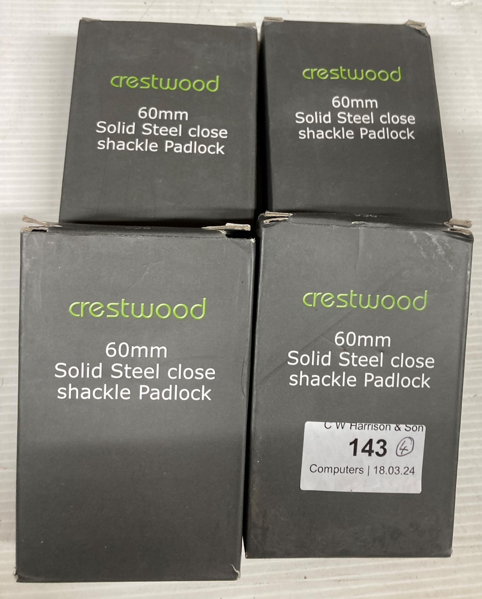 4 x Crestwood 60mm solid steel closed shackle padlocks (H12)