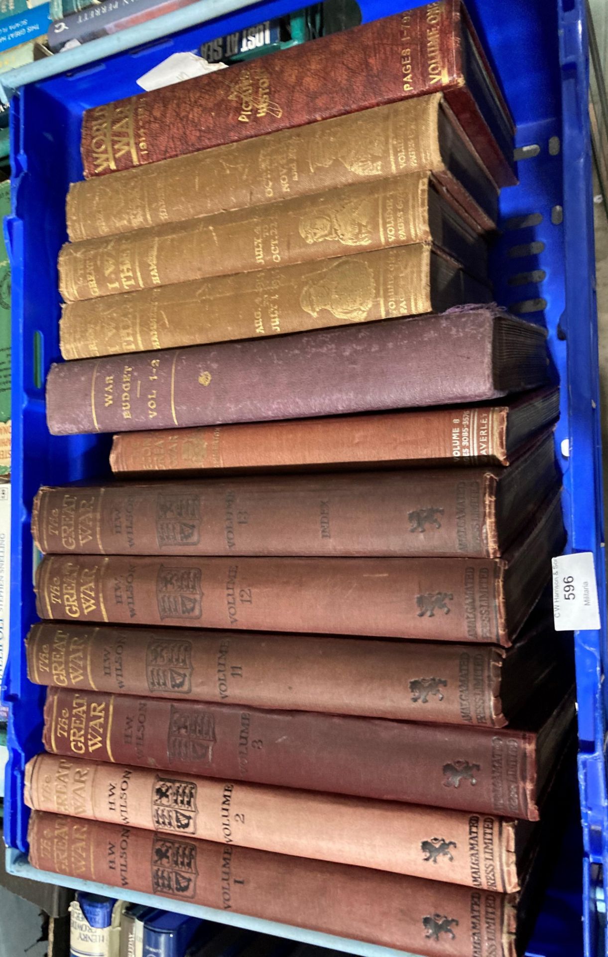 Contents to blue plastic tray - HW Wison six volumes of 'The Greater War' published by Amalgamated