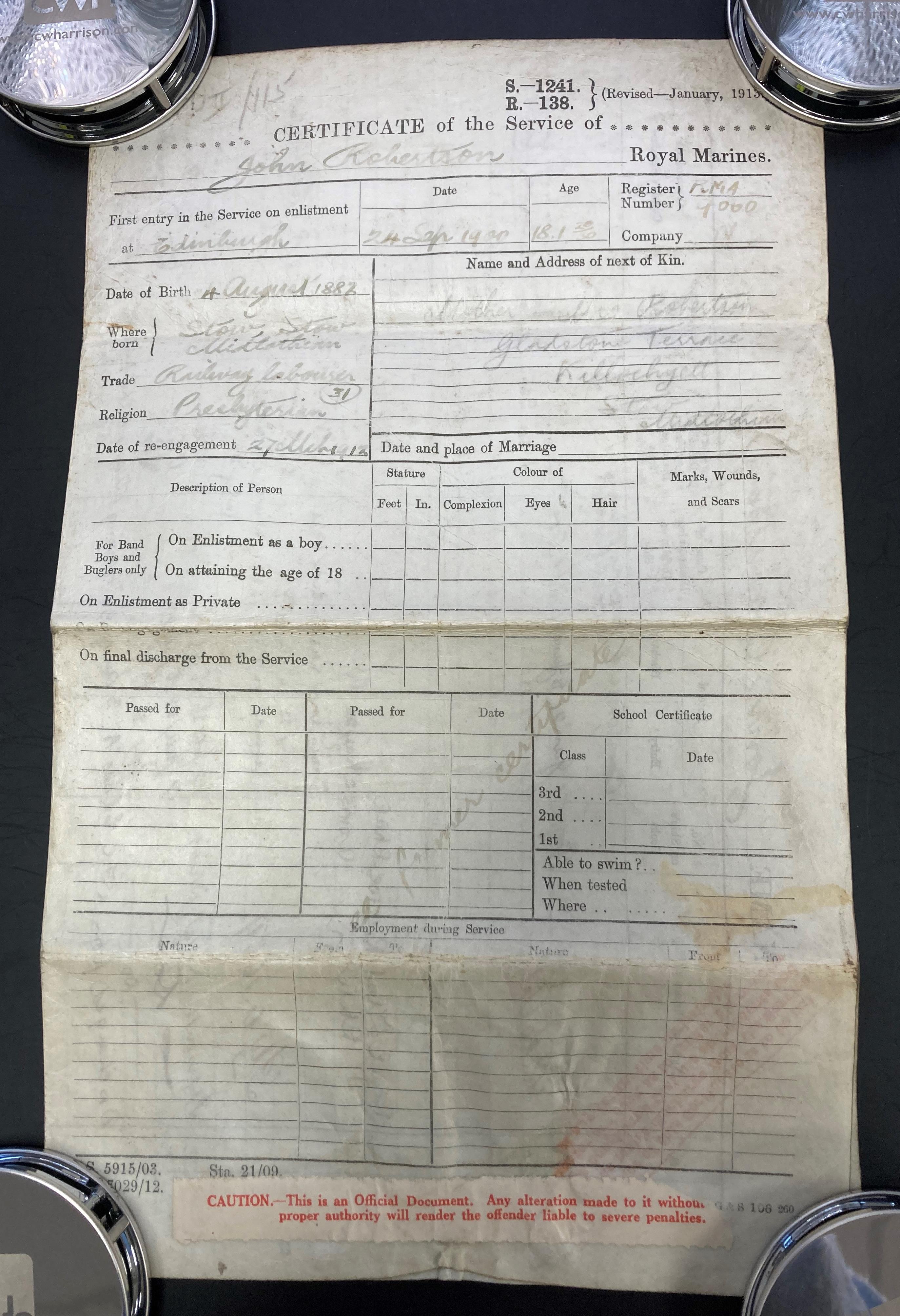 Ephemera relating to 9060 Gunner John Robertson Royal Marines Artillery served at Jutland onboard - Image 3 of 4