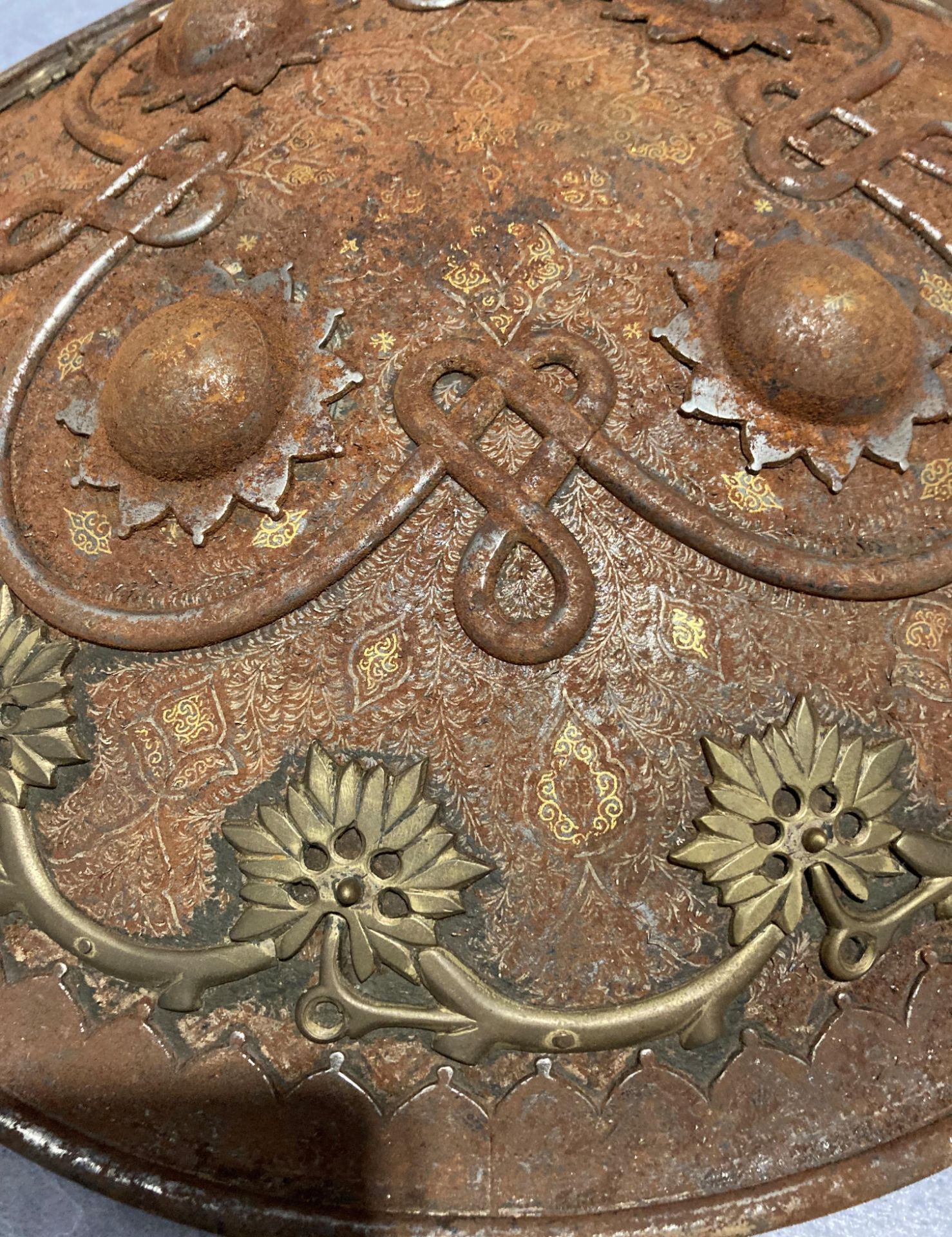 An Indo Persian parade shield (Dhai) 19th Century decorated overall with gold koftgari work, - Image 2 of 7