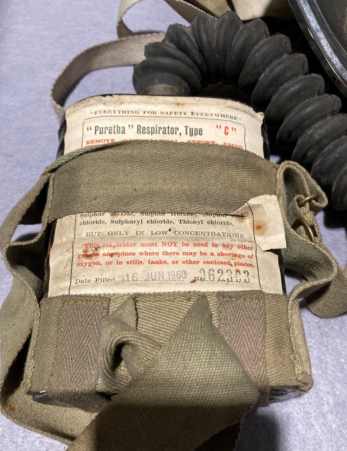 Vintage Puretha type C respirator face mask dated 16 Jun 1960 and a British WW2 civilian duty gas - Image 2 of 3