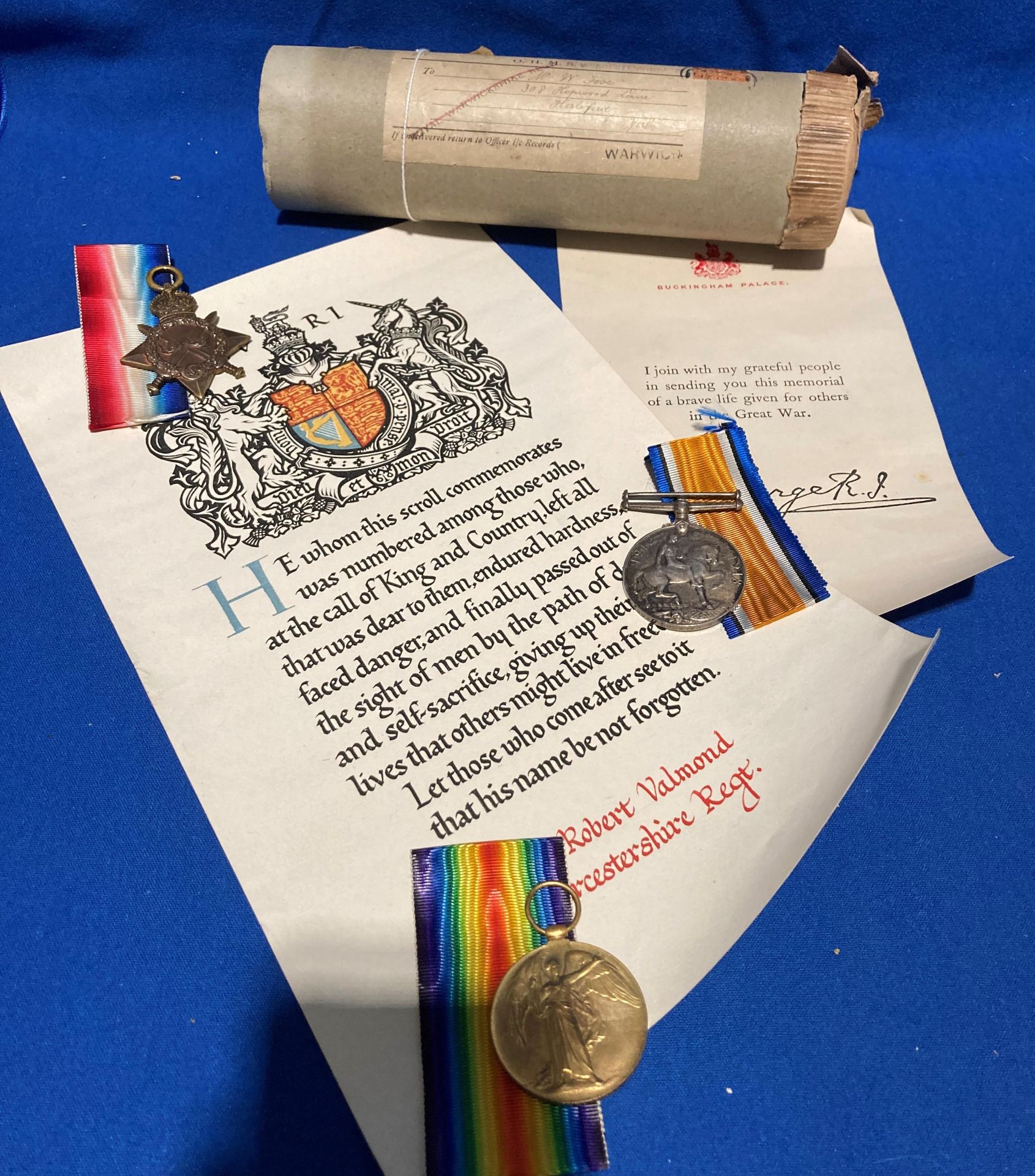 Three First World War medals to 23661 Pte. R Valmond, Worc.