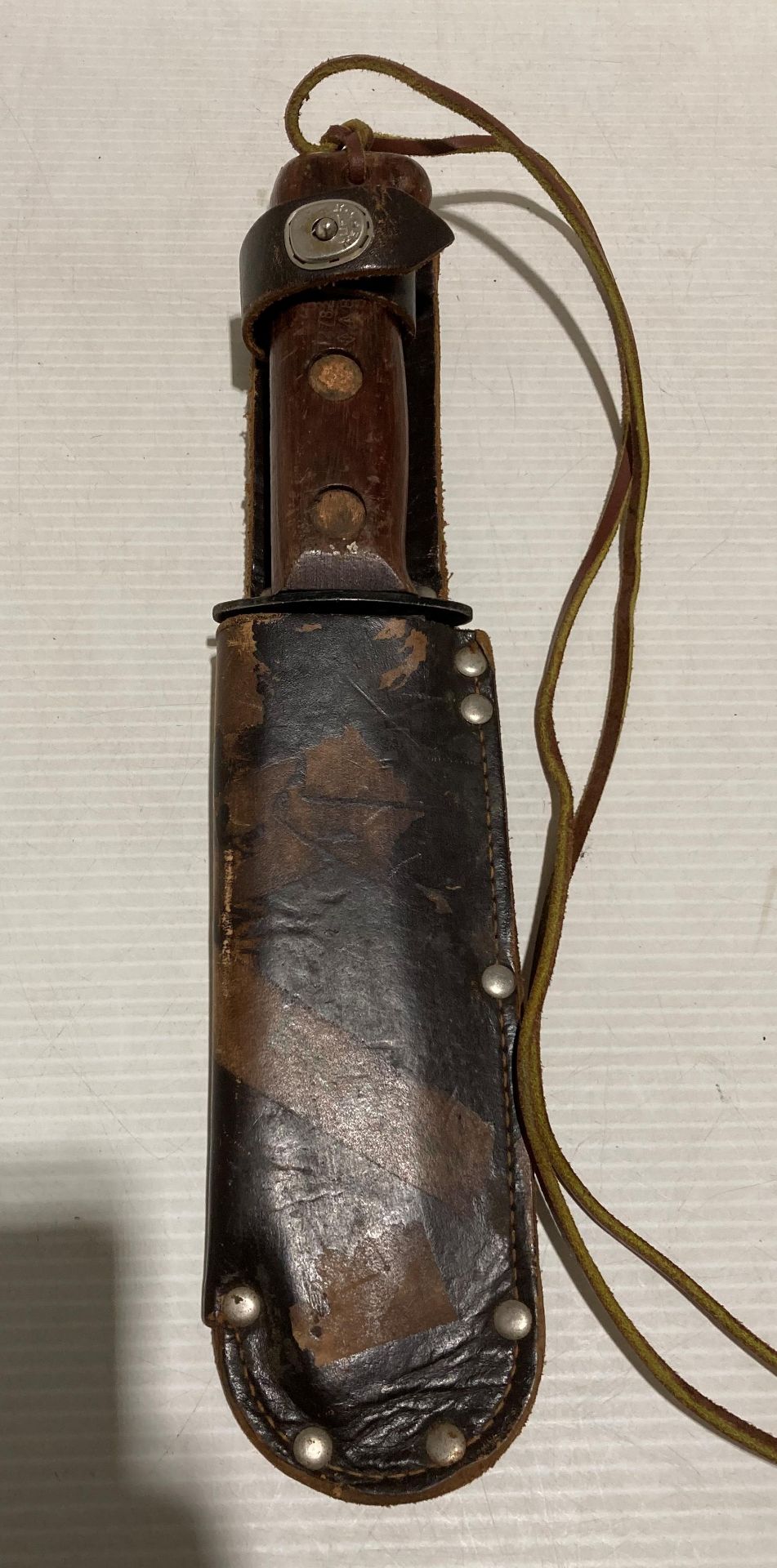 British Military type 'D' survival knife with leather sheath and stamped to wooden handle, - Image 5 of 5