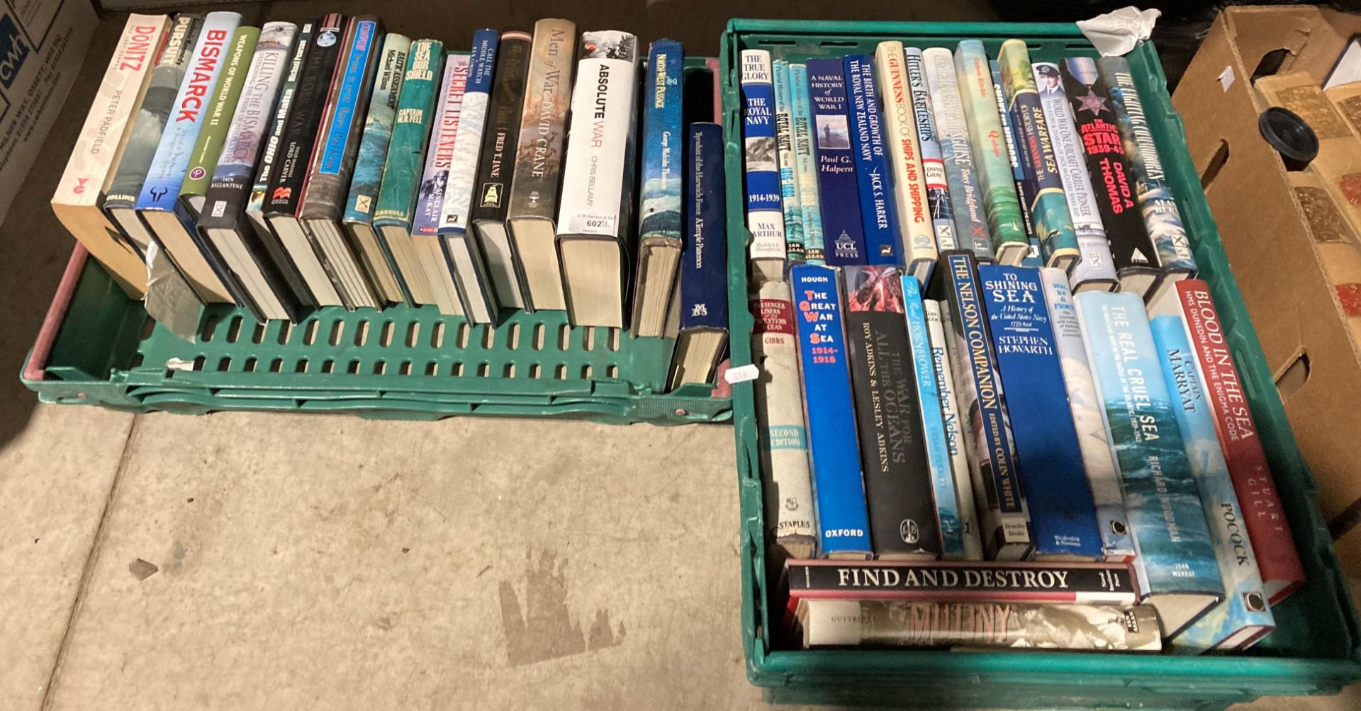 Contents to two green crates - 46 books mainly Maritime,
