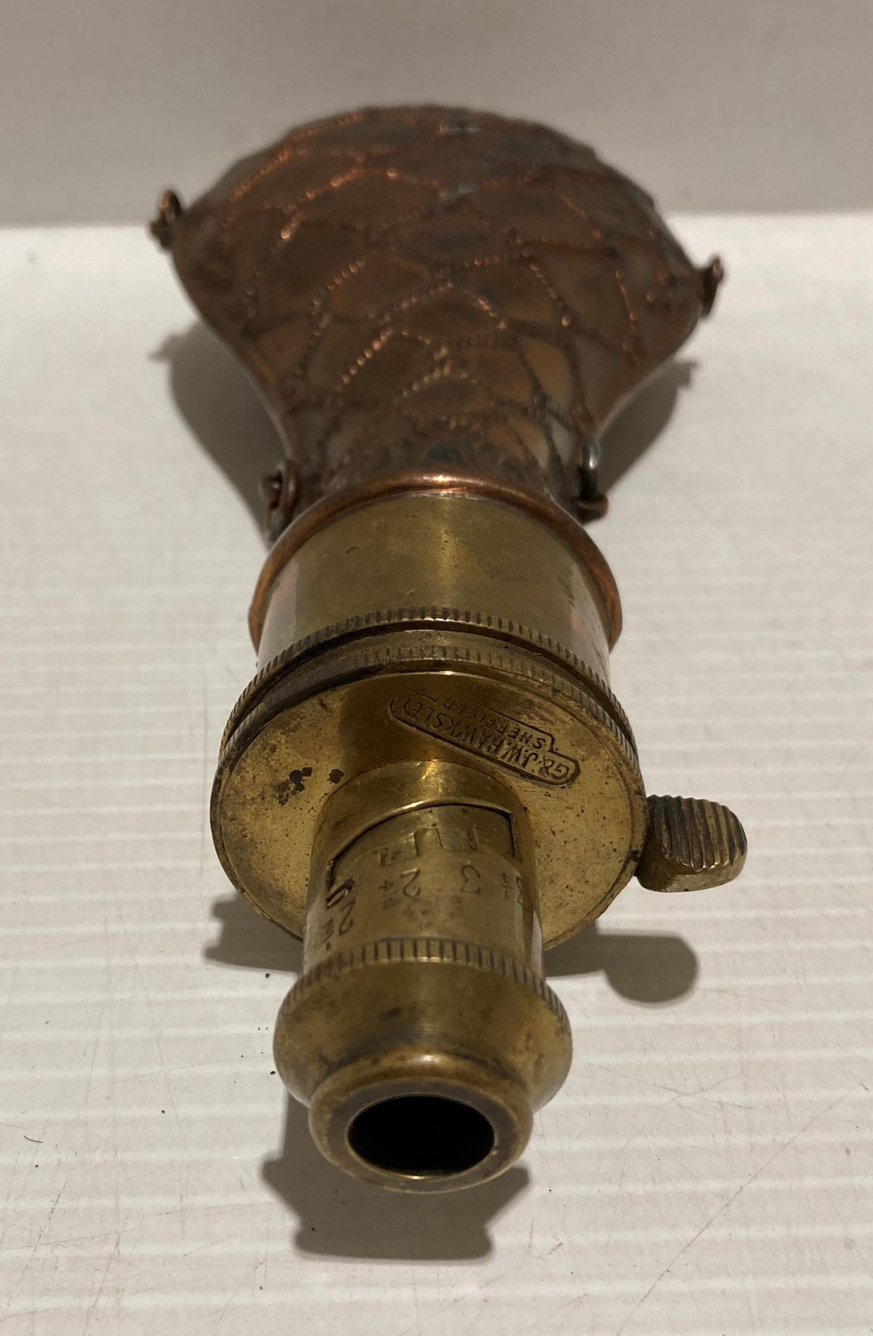 19th Century embossed English powder flask in copper and brass, stamped 'G & J.W. - Image 3 of 3