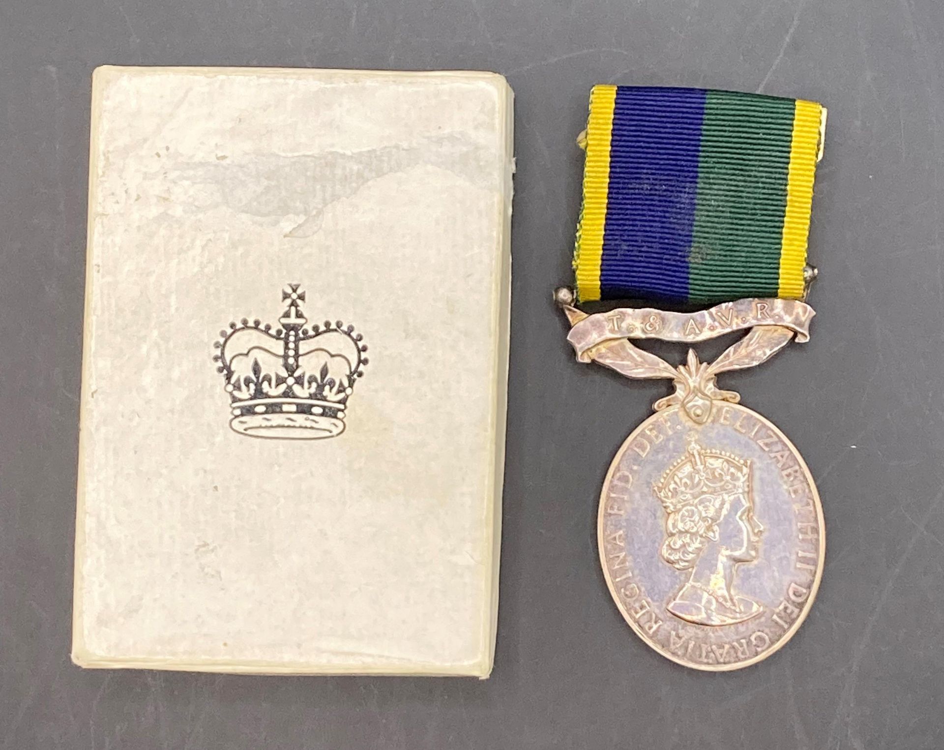 Efficiency Medal with clasp T and AVR and ribbon in box of issue to 21128071 Sgt DE Sedgman RAOC