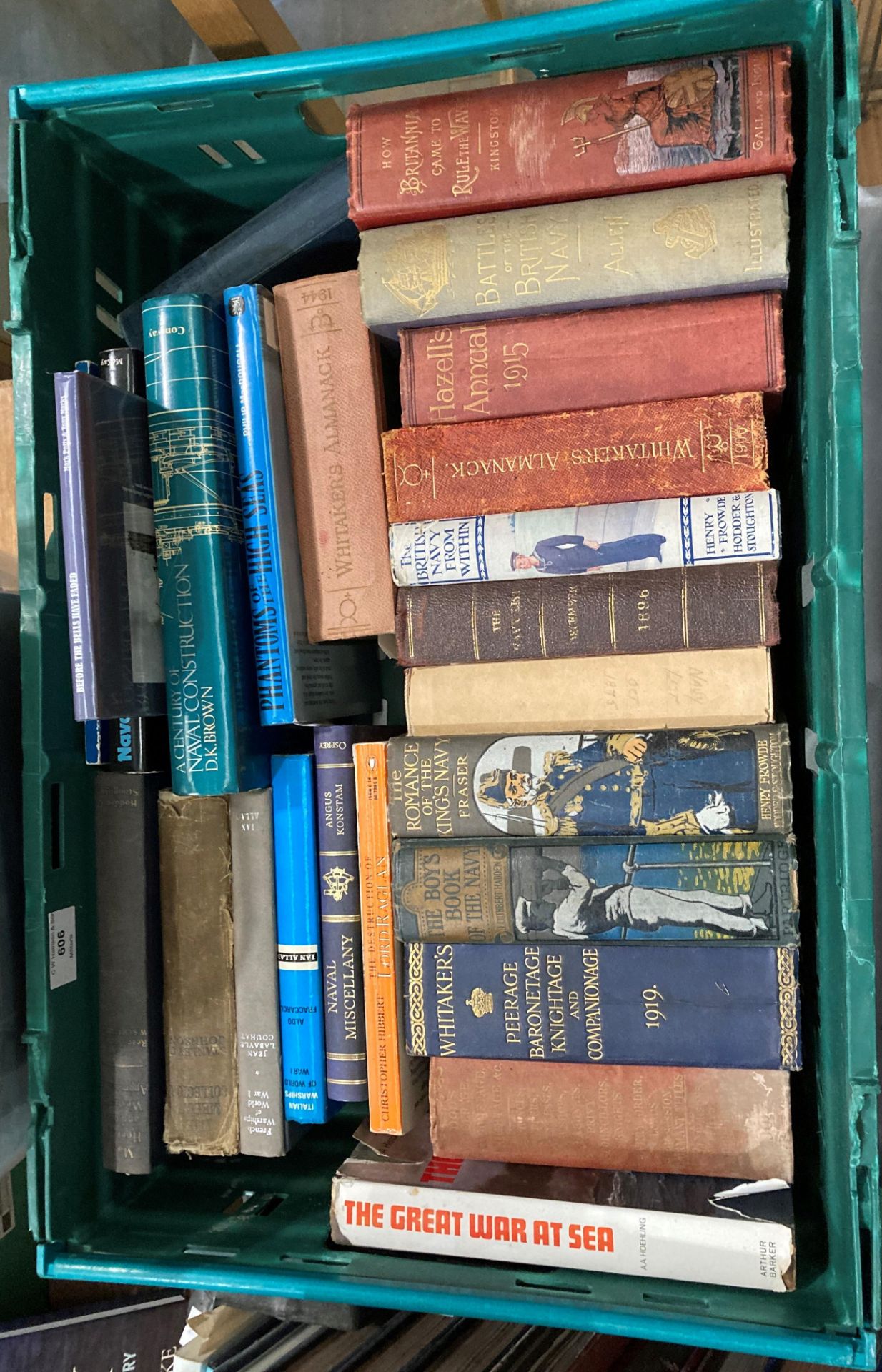 Contents to green crate - 23 assorted books mainly maritime and naval related but also Whitikar's