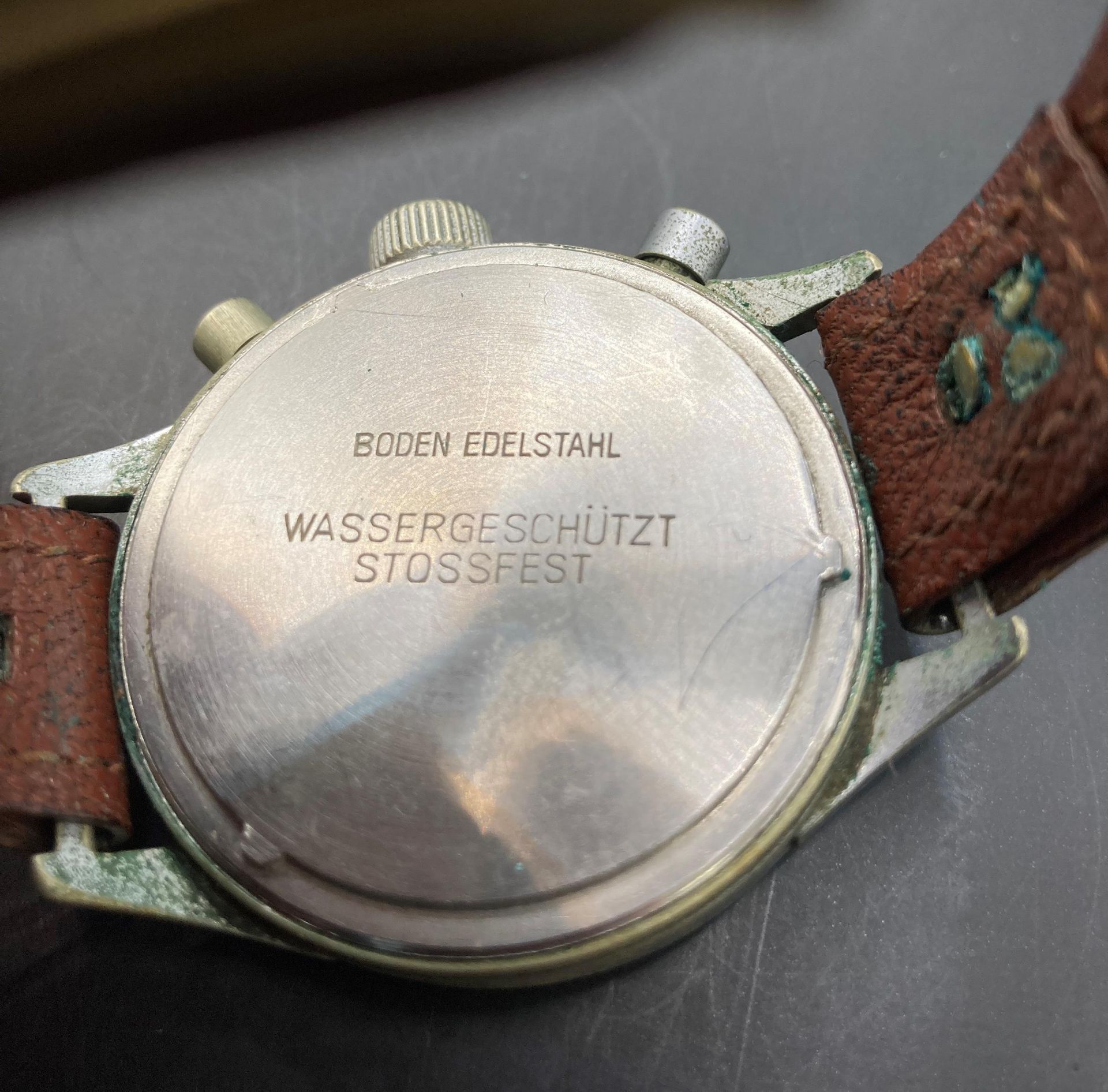 A Hanharts World War II Luftwaffe pilots chronograph with black face and brown leather strap - Image 2 of 10