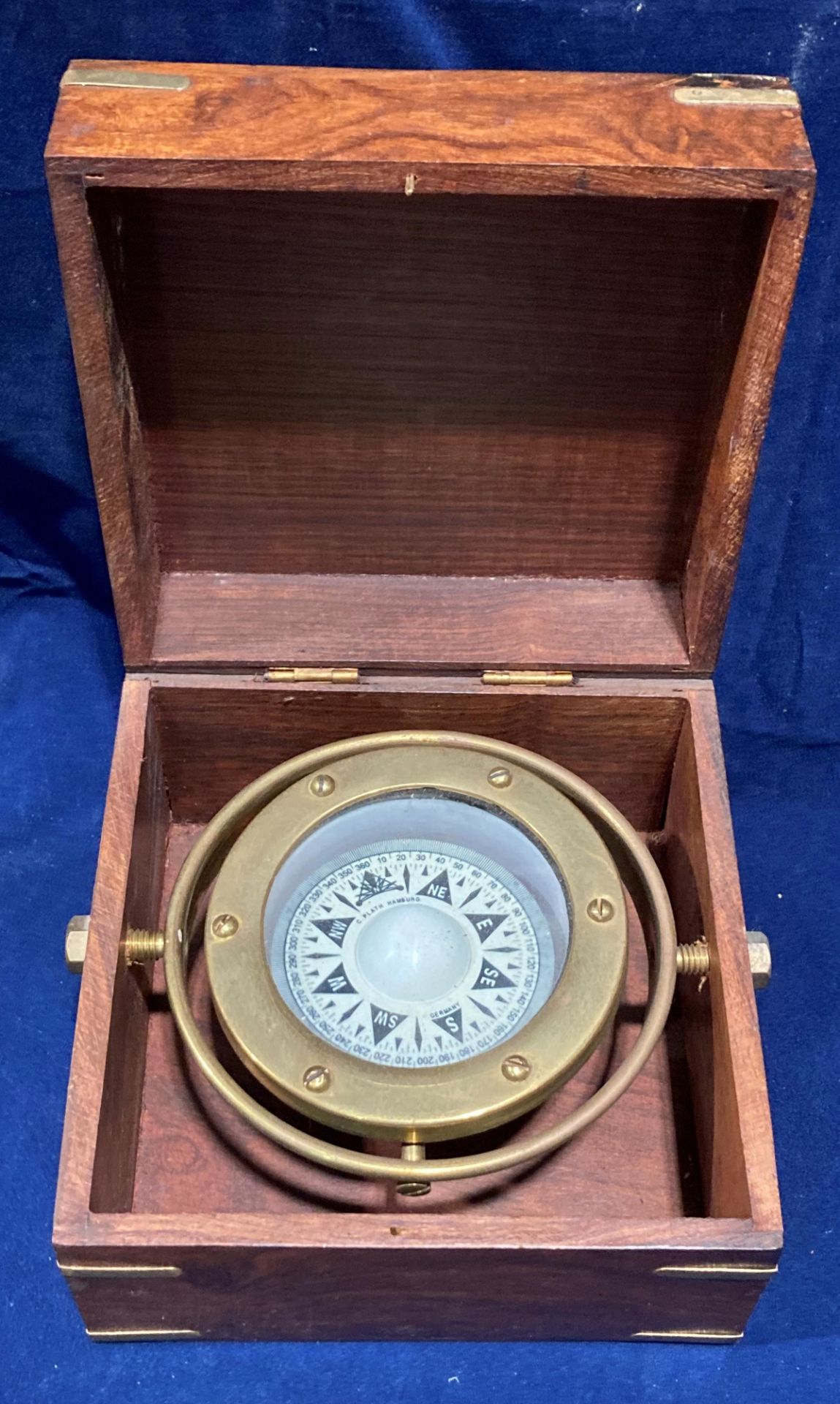 C Plath Hamburg Germany brass compass in walnut case (Saleroom location: S2 counter 3)