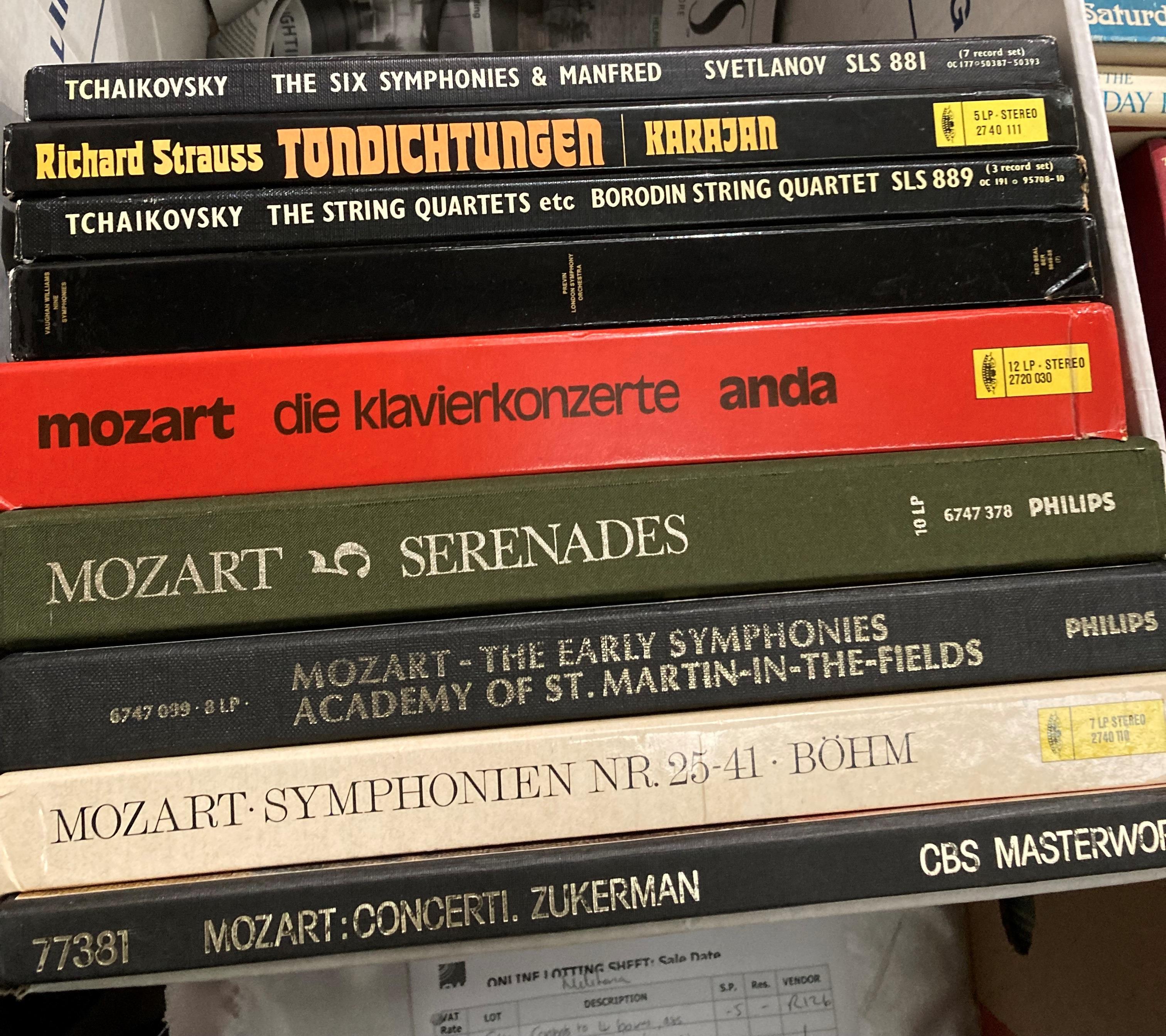 Contents to box - 9 assorted classical vinyl box sets by Mozart, Strauss, etc.