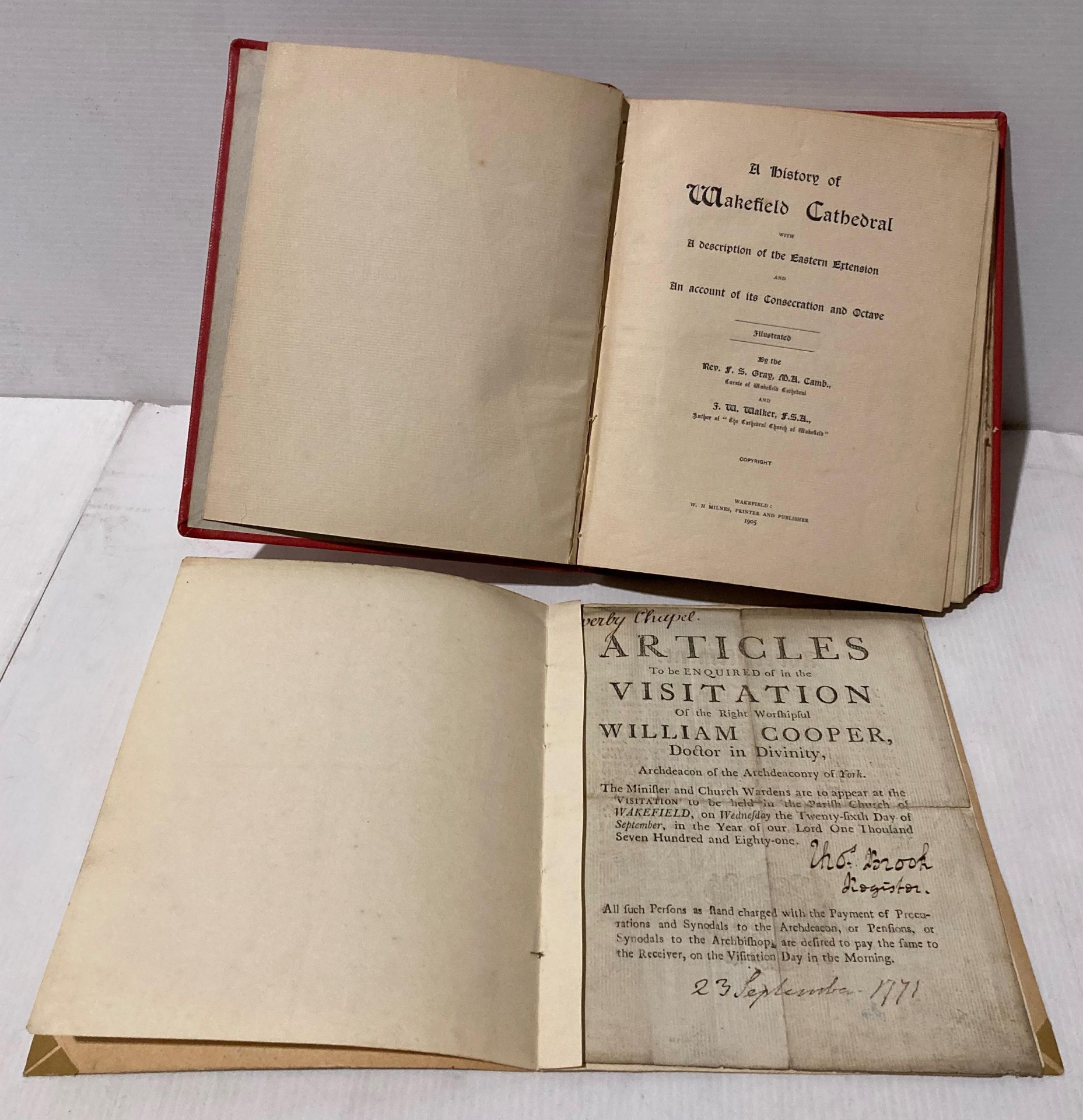 Gray & Walker 'Wakefield Cathedral' published 1905 (5 plates missing) and 'Articles of Visitation'