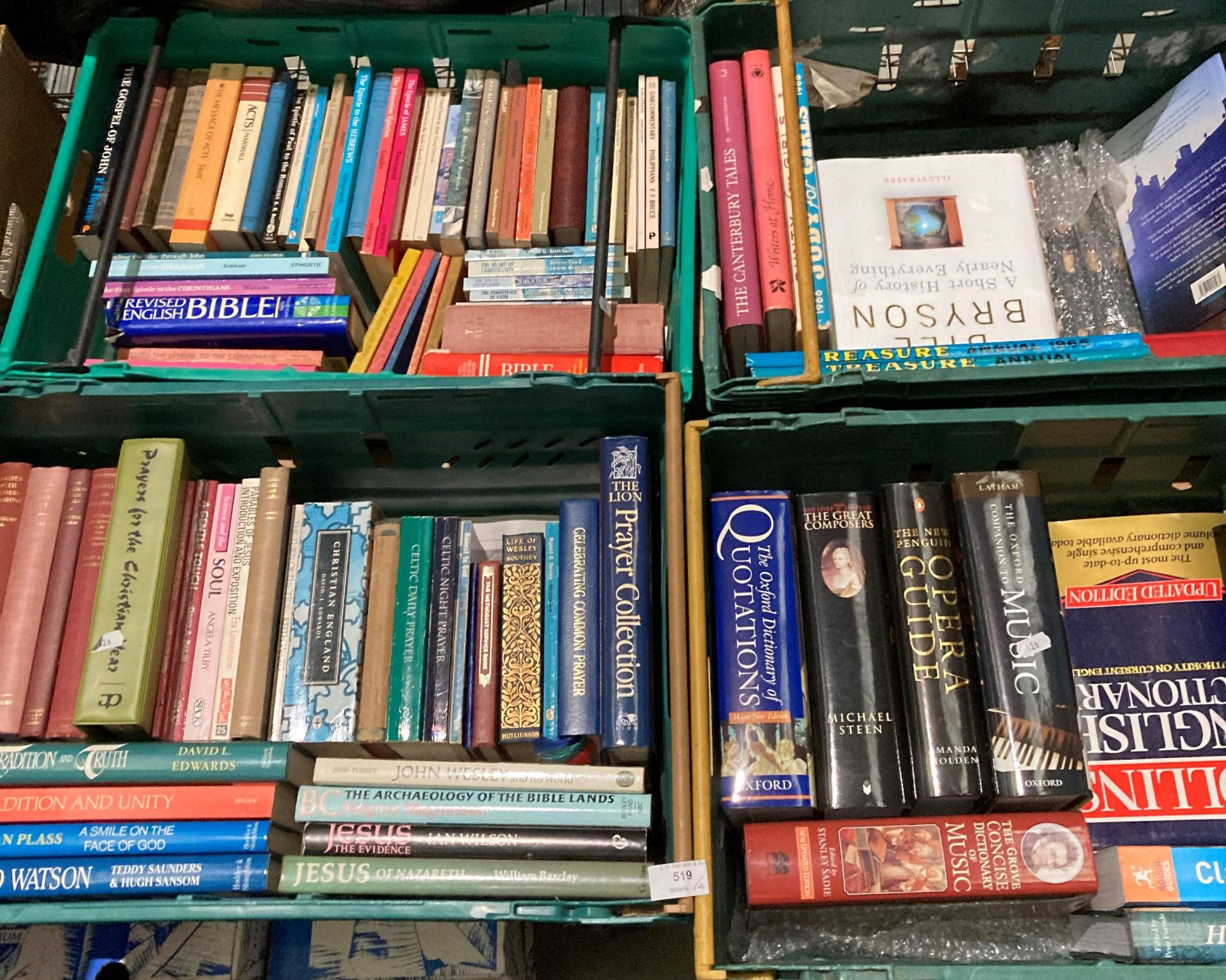 Contents to four boxes - books on religion, assorted dictionaries, etc.