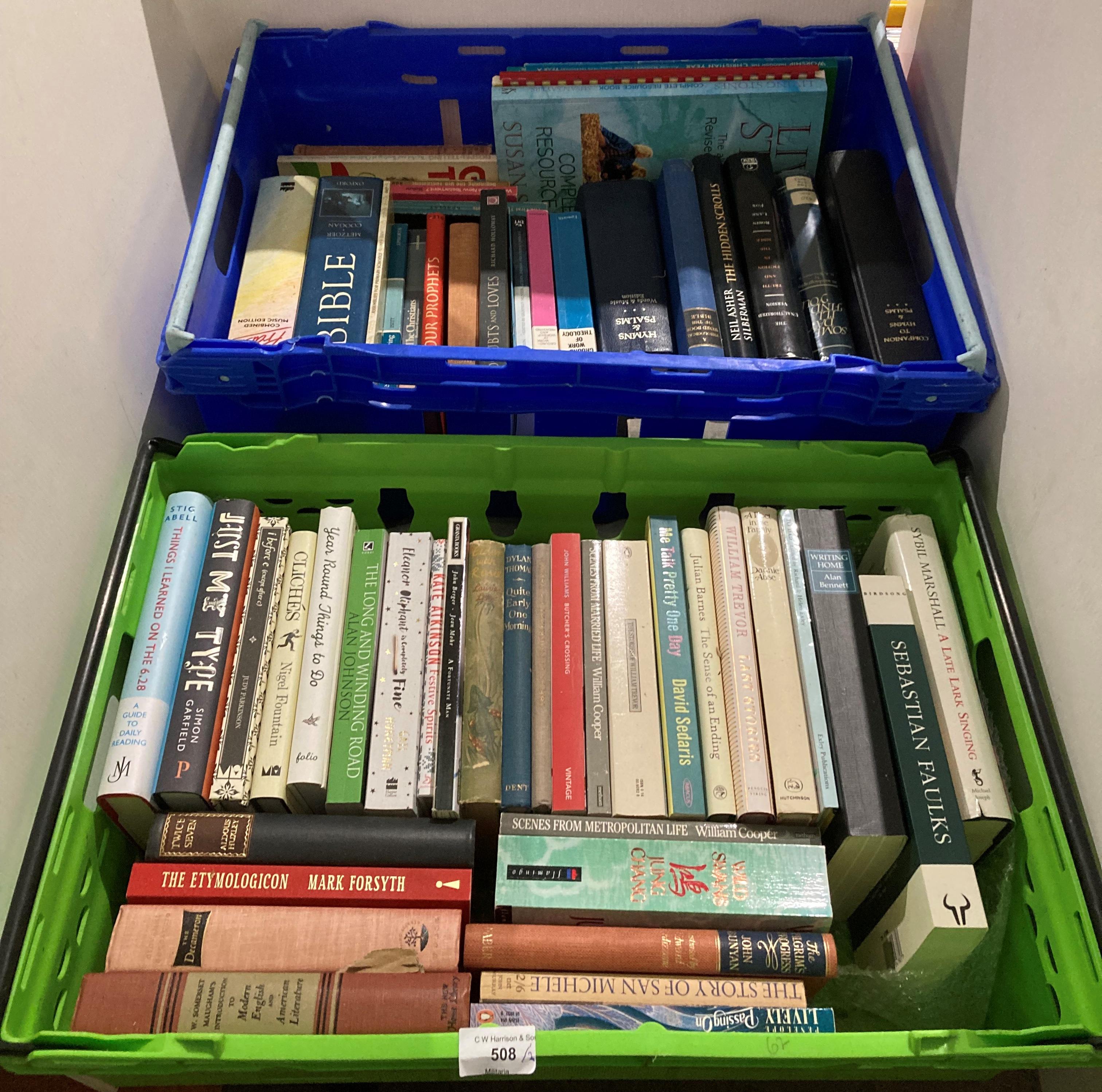 Contents to two crates - approximately sixty assorted hardback and paperback books including 'The