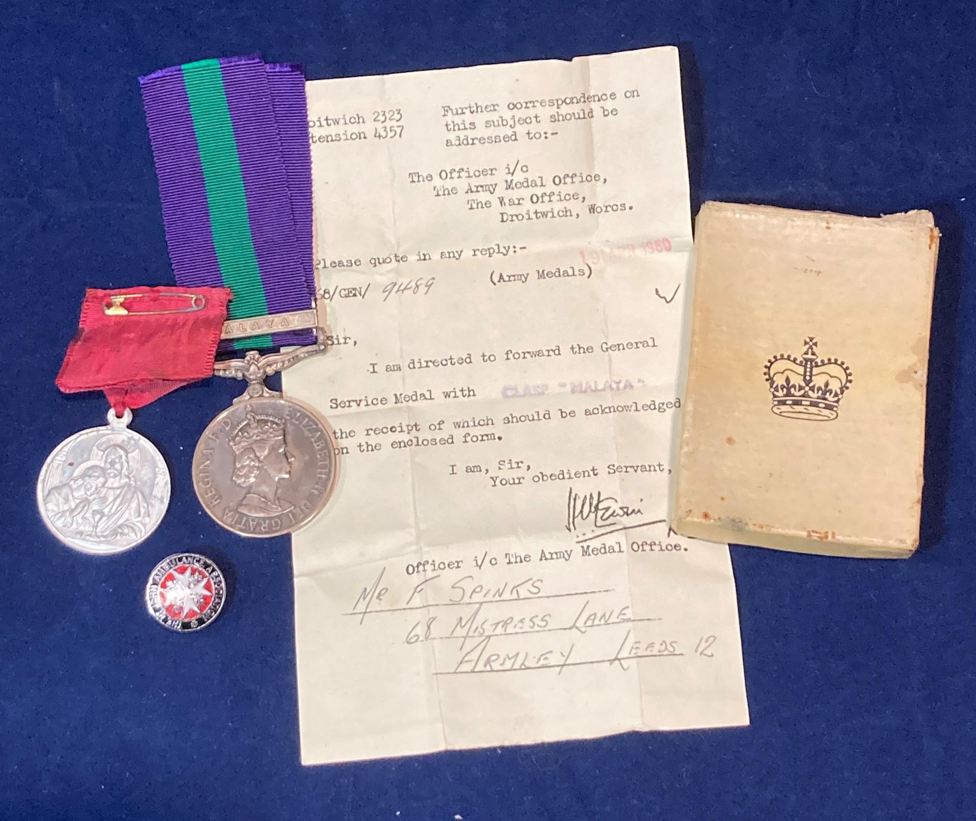 A General Service Medal with ribbon and Malaya clasp to 22753987 Sig F Spinks R Sigs complete with