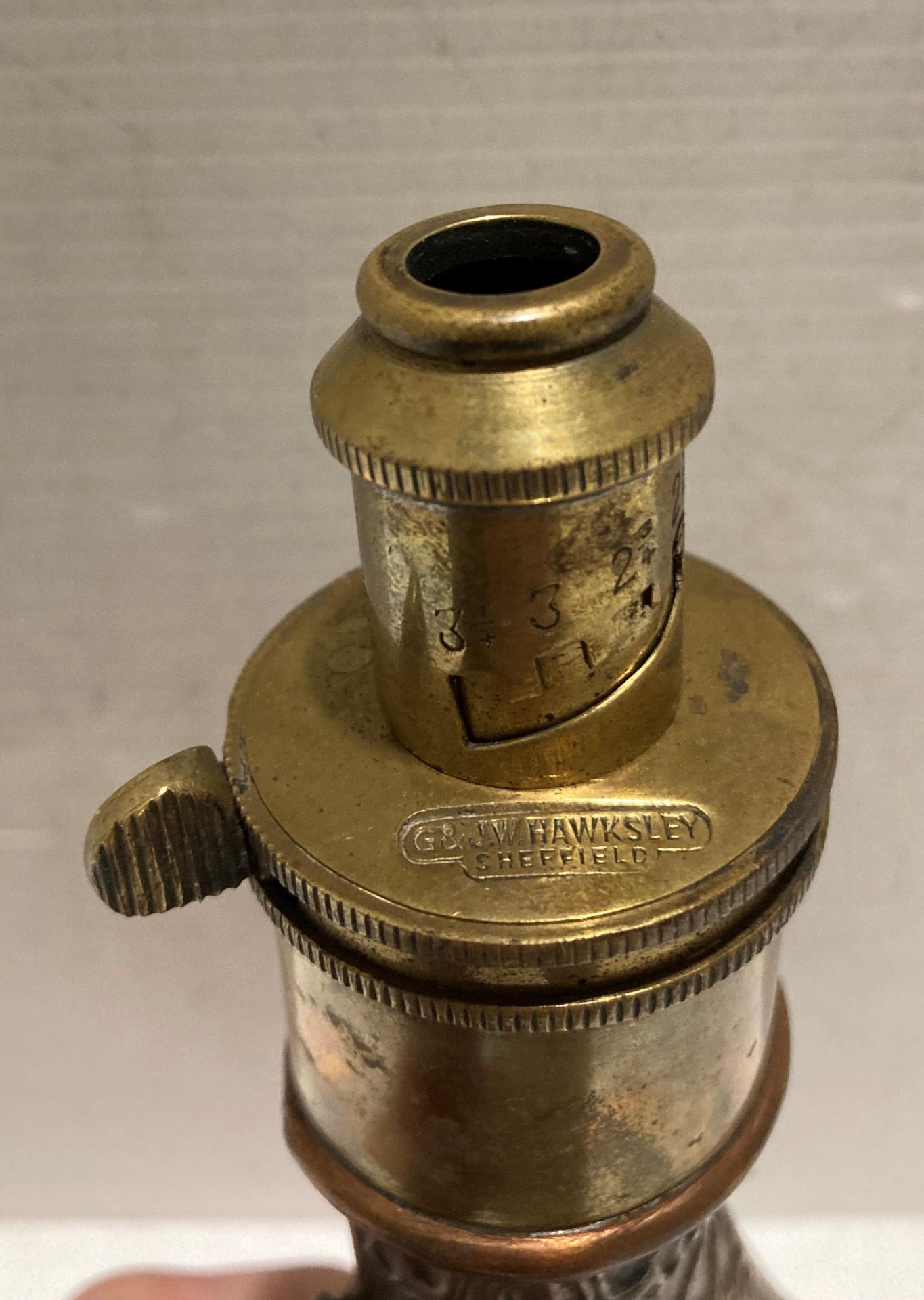 19th Century embossed English powder flask in copper and brass, stamped 'G & J.W. - Image 2 of 3